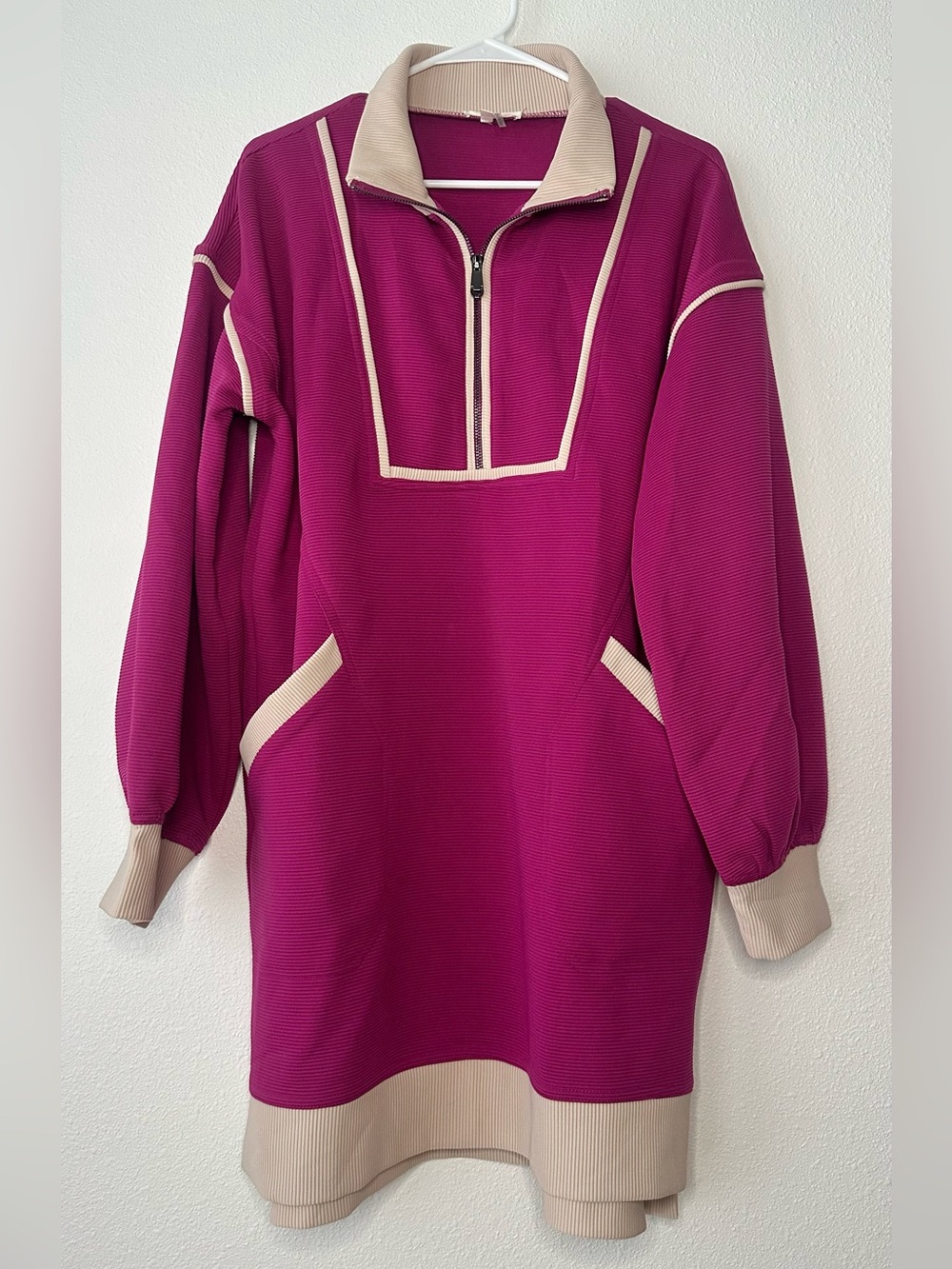 Entro Magenta Ribbed Half-Zip Collar Long Sleeve Dress with Cream Trim - Large